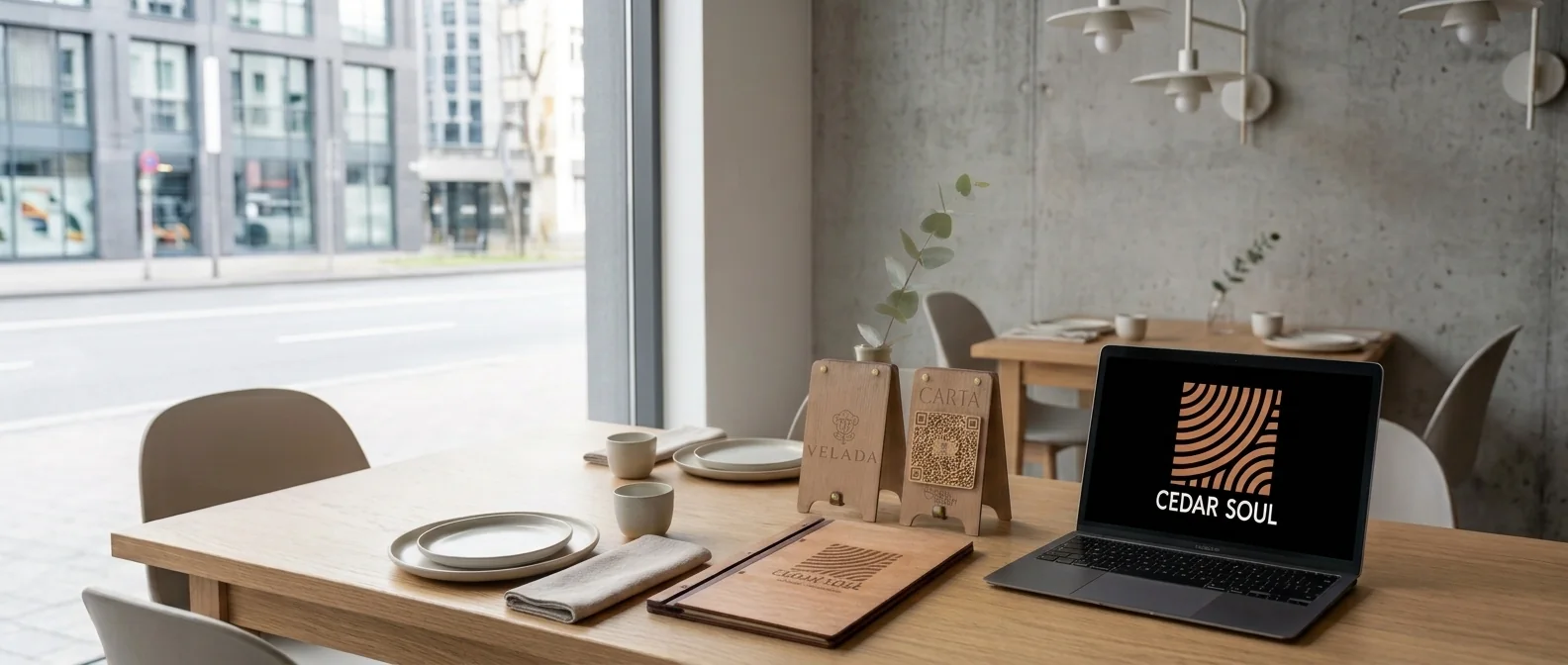 Mesa de restaurante con portacartas y soportes QR de madera grabados a láser junto a un portátil